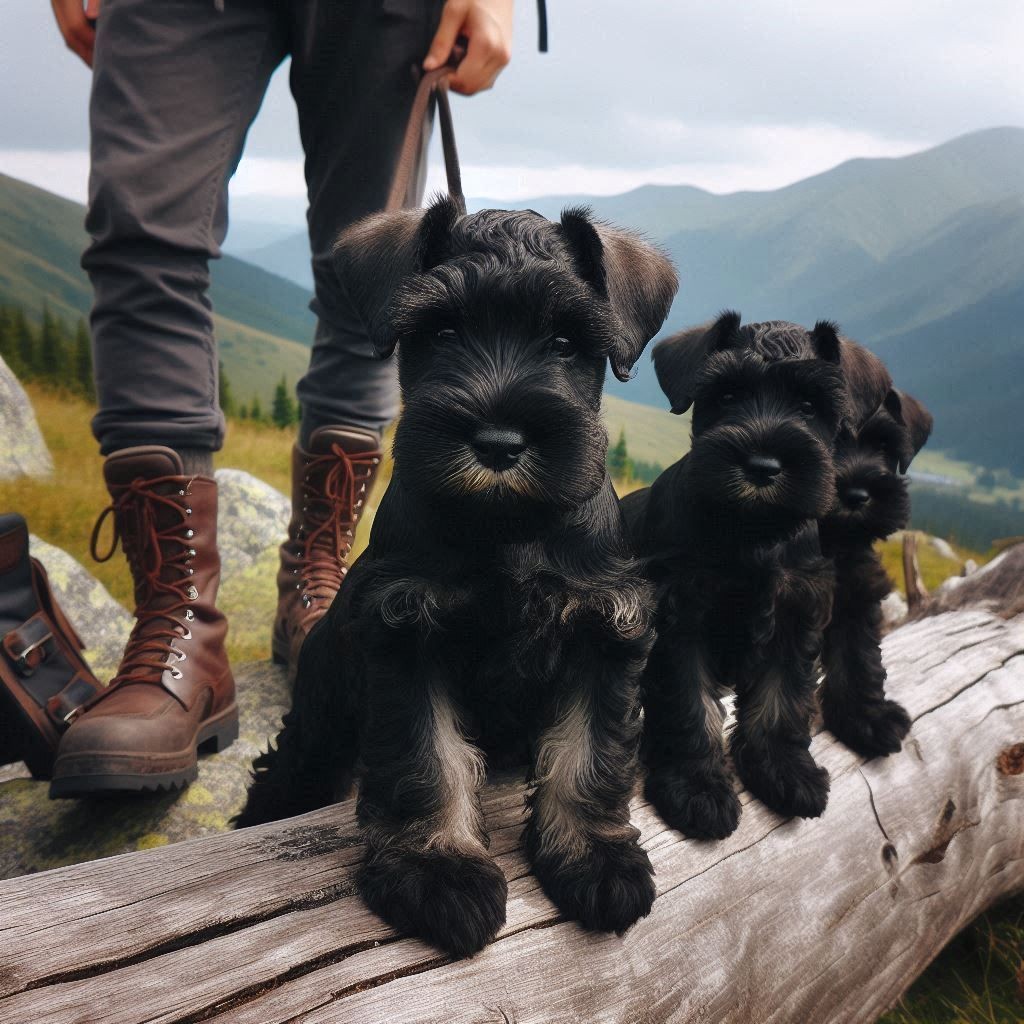 Three black puppies sitting on a log in a mountainous landscape with a person standing nearby.