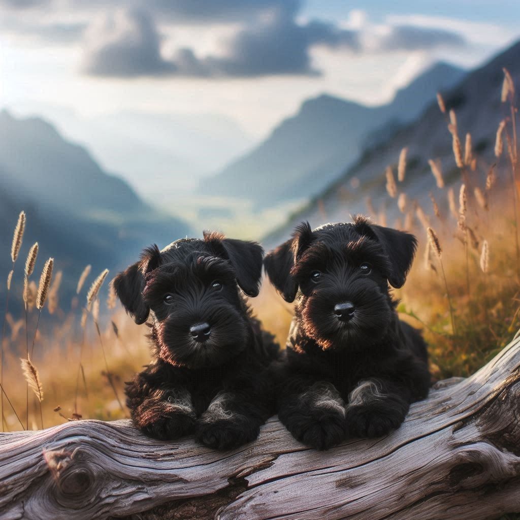 Two black puppies lying on a log in a field with a scenic mountain background at sunset.