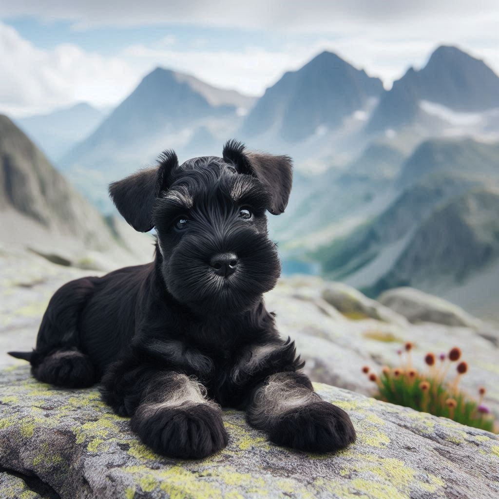 Adorable black puppy lying on a rock with a scenic mountain landscape in the background.