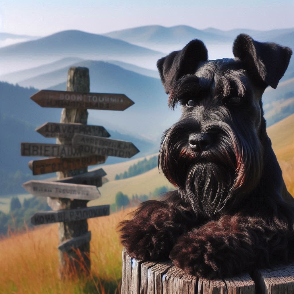 Black dog sitting on a wooden post in front of a scenic mountain background with multiple direction signs.