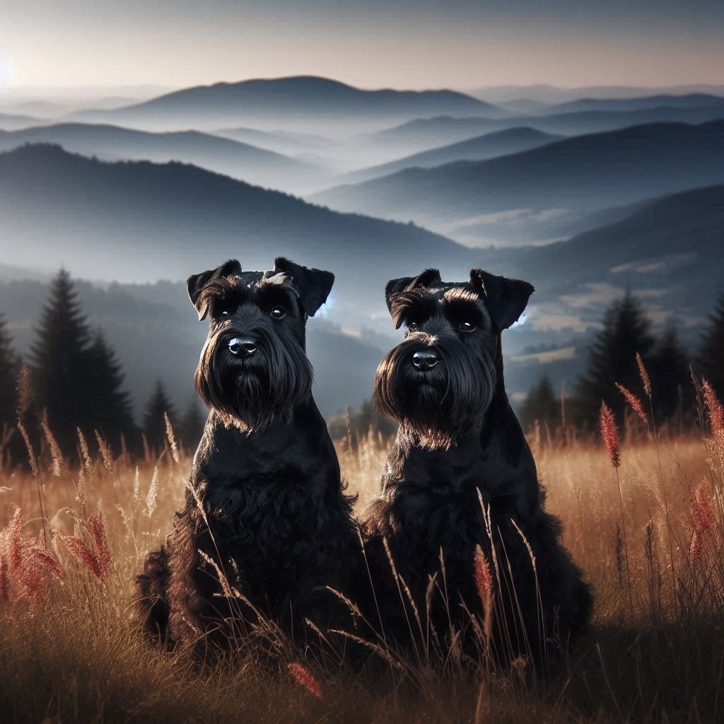 Two black Terrier dogs sitting on tall grass in front of a misty mountain landscape during sunset.