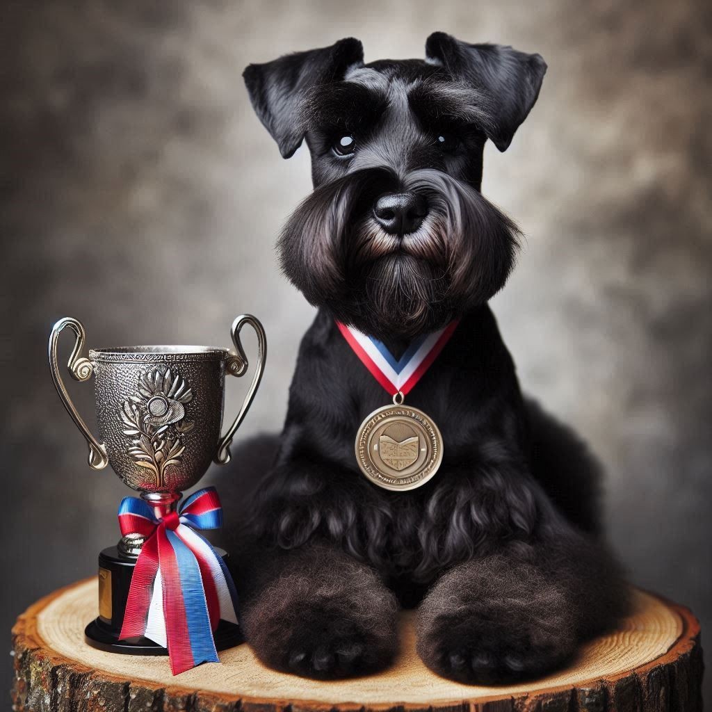 Black dog wearing a medal sitting on a wooden stump next to a trophy with a ribbon.